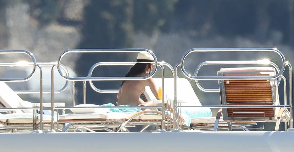 Sara Sampaio topless on a yacht grabbing her boobs