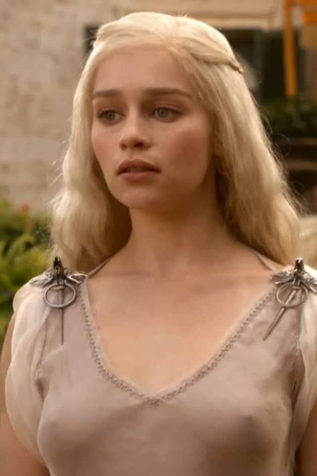 actress emilia clarke shows her perfect titties and nipples in see through costume for game of thrones