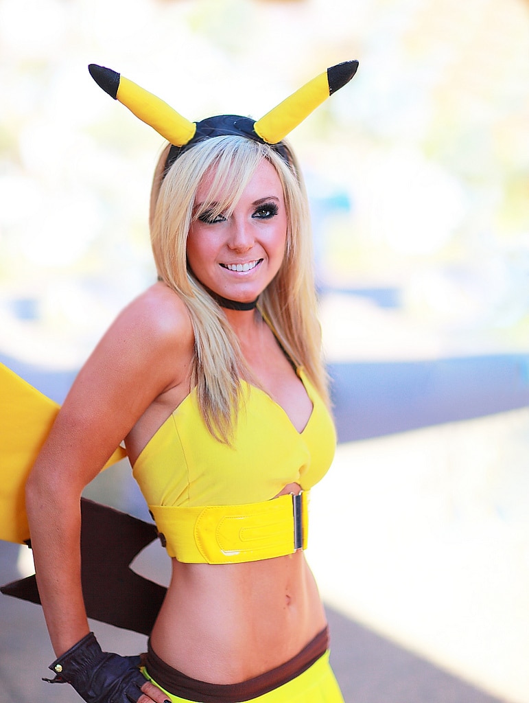 blonde babe jessica nigri wears pikachu costume showing her hot body