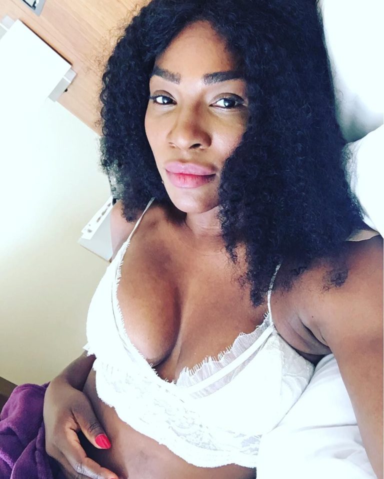 Serena Williams with fuck me eyes in bed, and great tits